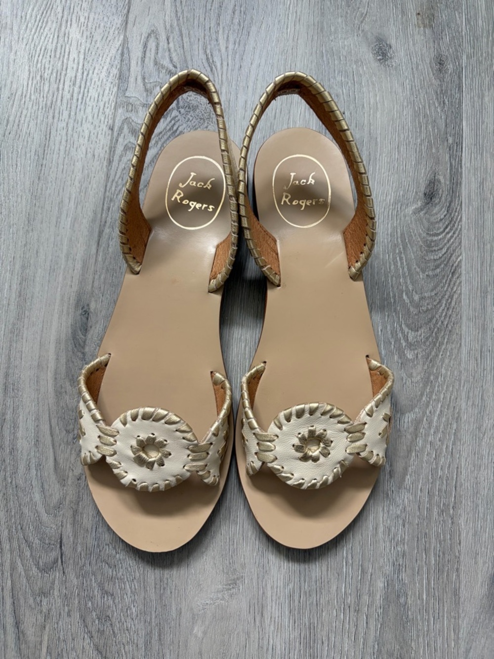 Jack Rogers Cream Leather Slingback Sandals with Whipstitch Medallions